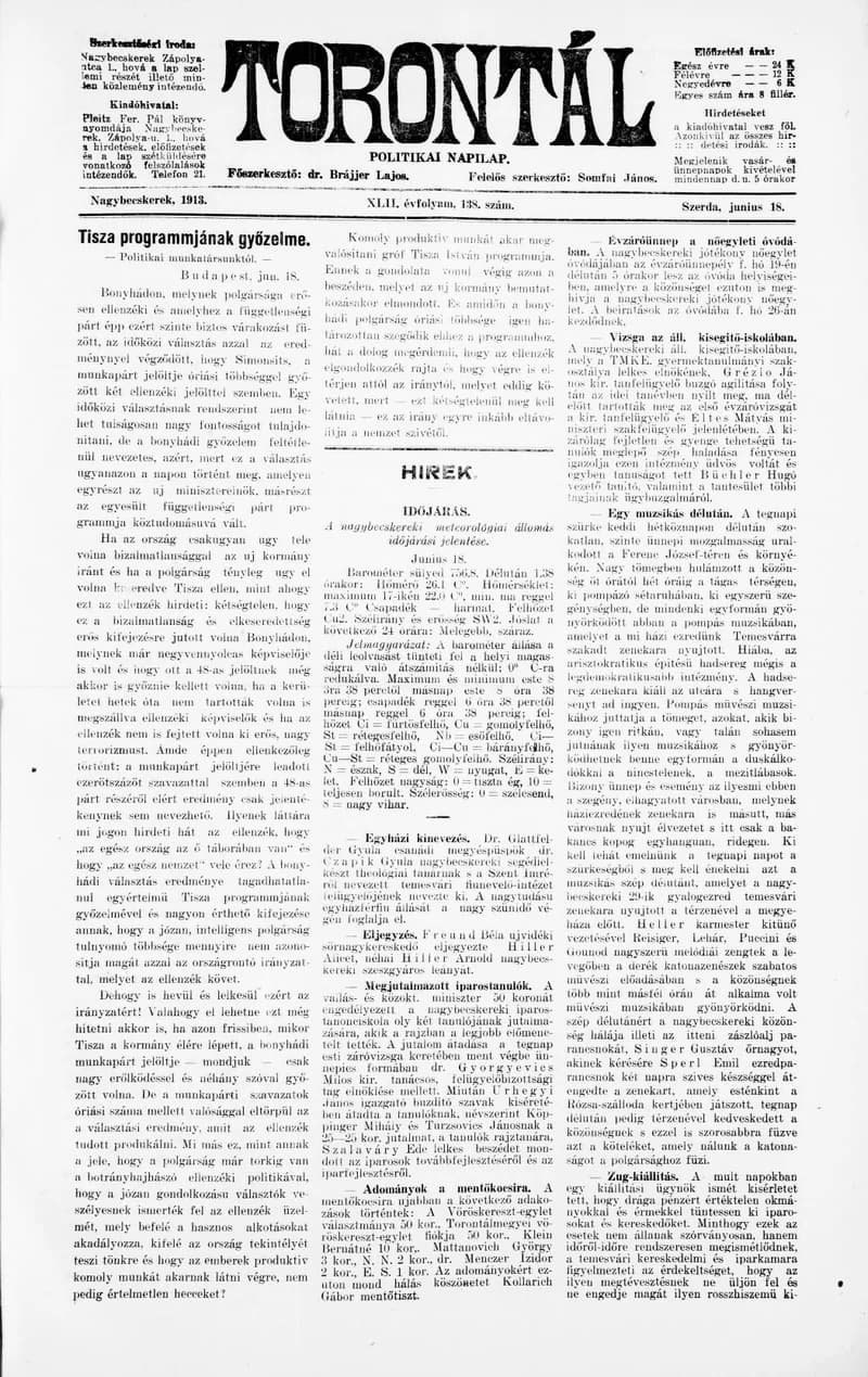 Torontál, 42. évf. 1913. június 18. 138. sz.