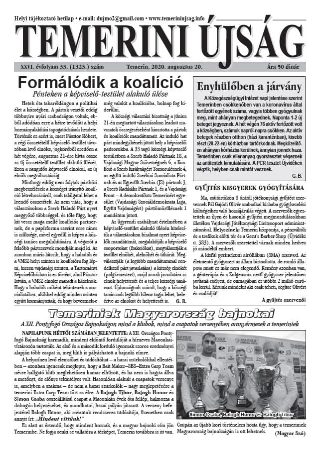 Temerini Újság, 26. évf. 2020. augusztus 20. 33. sz.