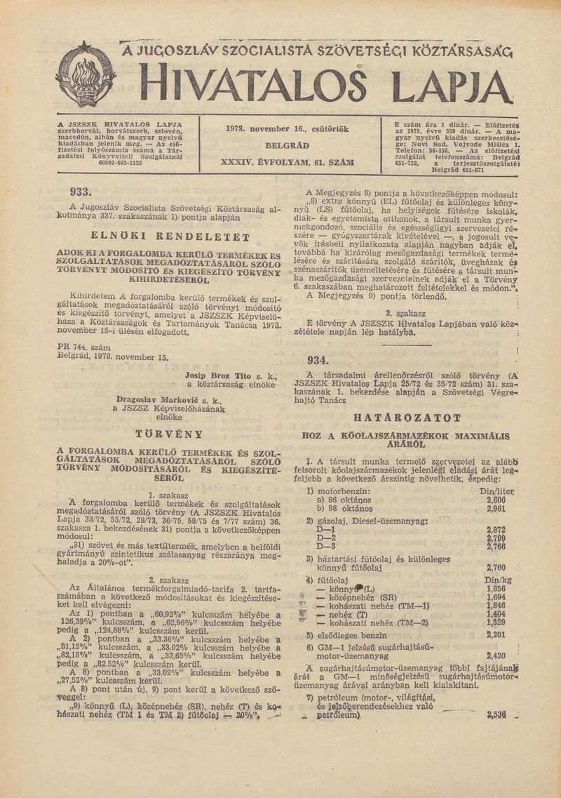 A Jugoszláv Szocialista Szövetségi Köztársaság Hivatalos Lapja, 34. évf. 1978. november 16. 61. sz. 2401–2404. oldal