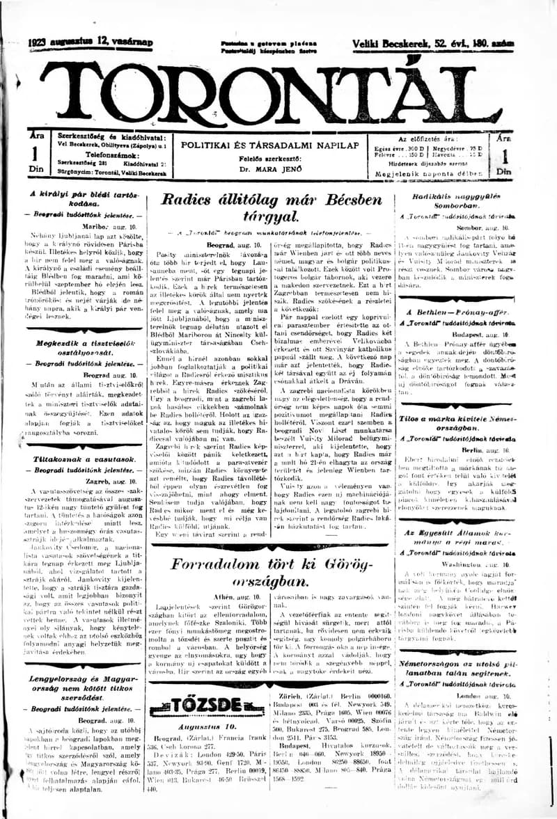 Torontál, 52. évf. 1923. augusztus 12. 180. sz.