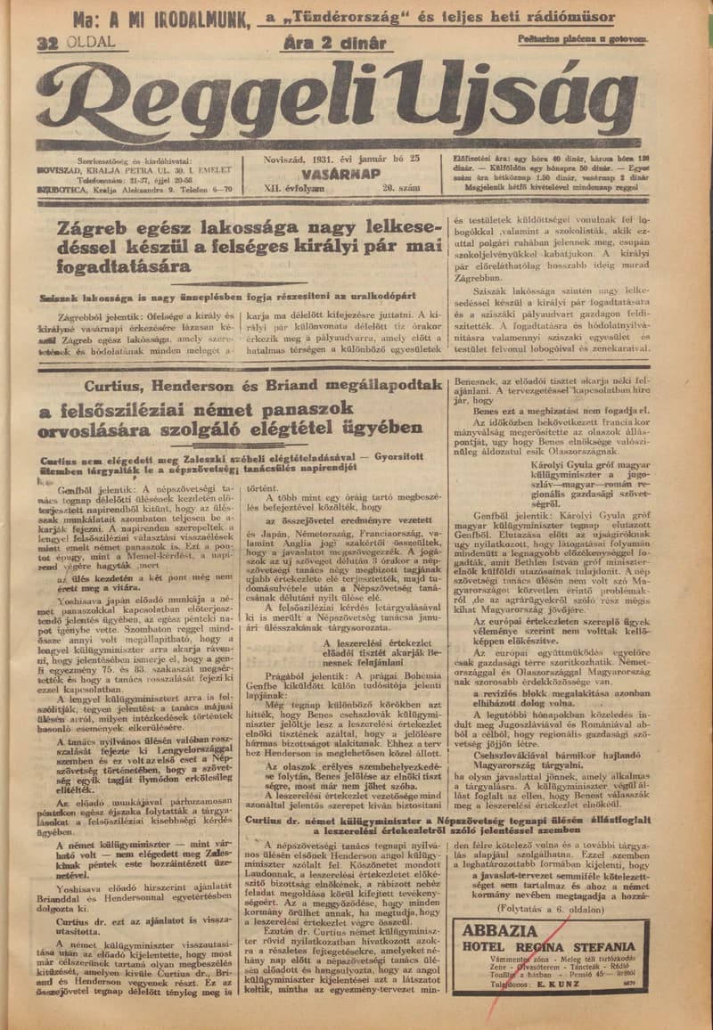 Reggeli Újság, 12. évf. 1931. január 25. 20. sz.