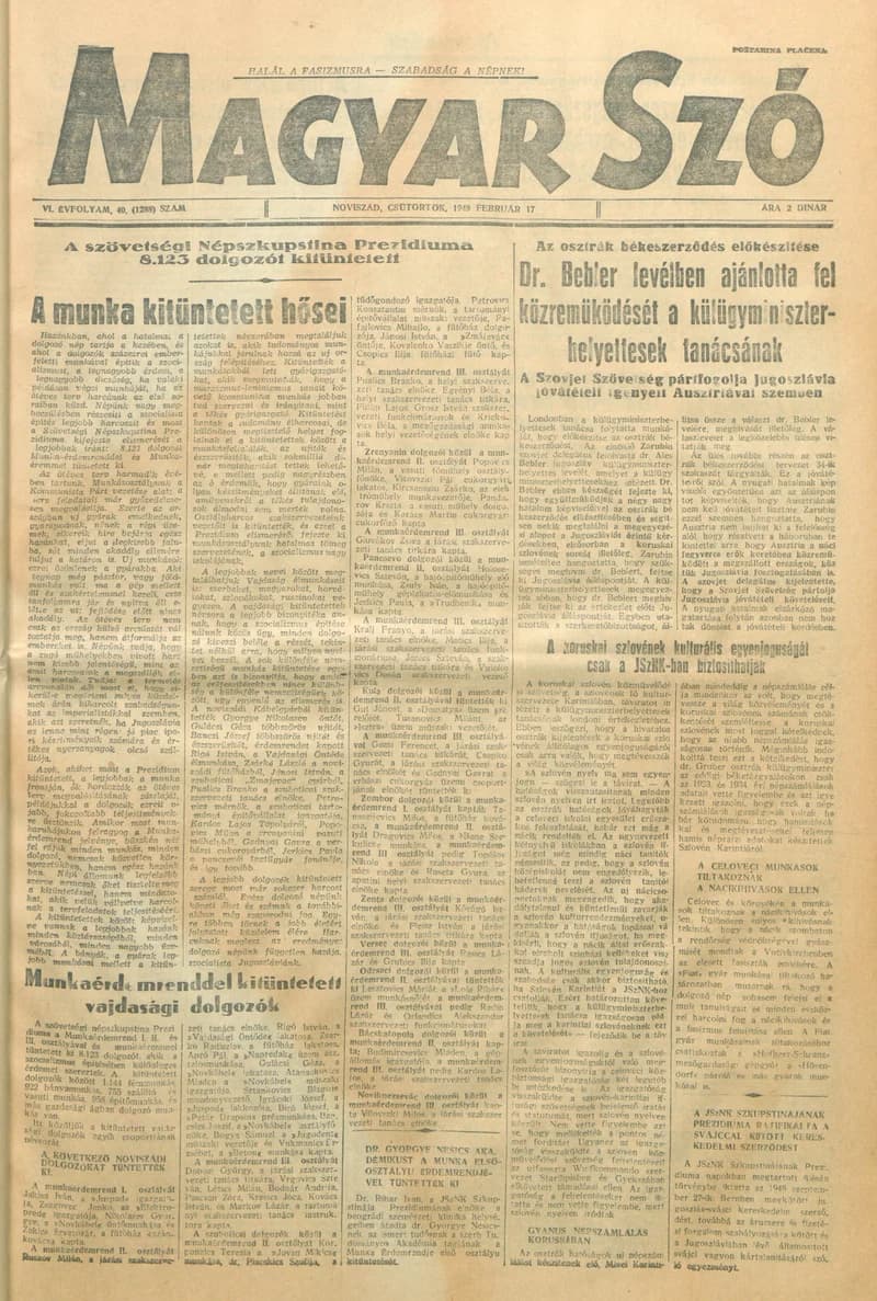 Magyar Szó, 6. évf. 1949. február 17. 40. sz. 1–4. oldal