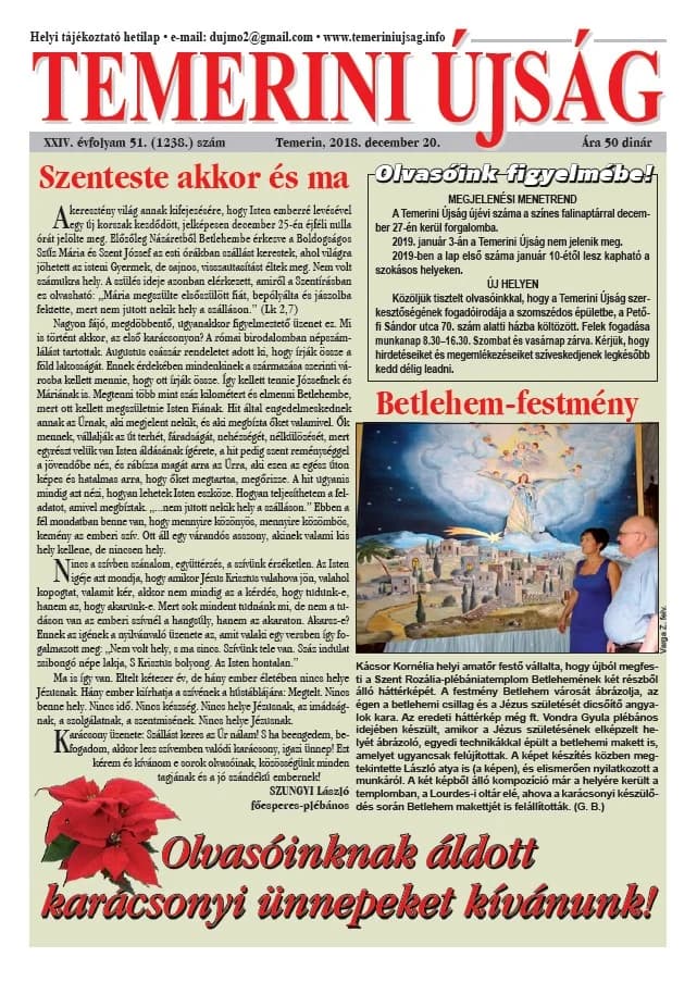 Temerini Újság, 24. évf. 2018. december 20. 51. sz.