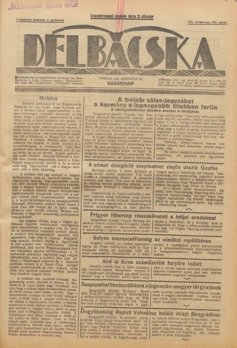 Délbácska, 7. évf. 1926. augusztus 29. 199. sz.