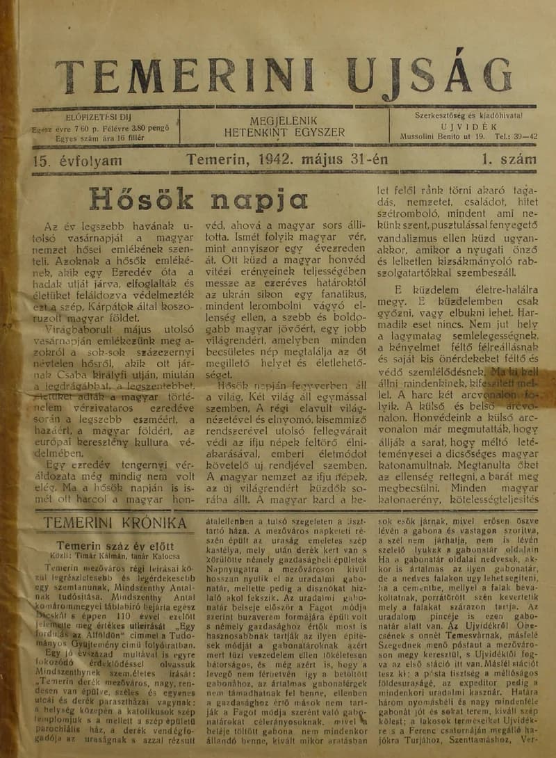 Temerini Újság 1928-1944, 15. évf. 1942. május 31. 1. sz.