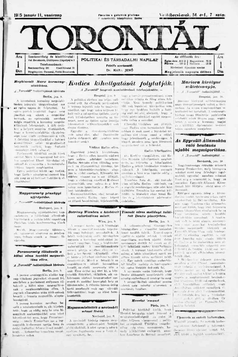 Torontál, 54. évf. 1925. január 11. 7. sz.