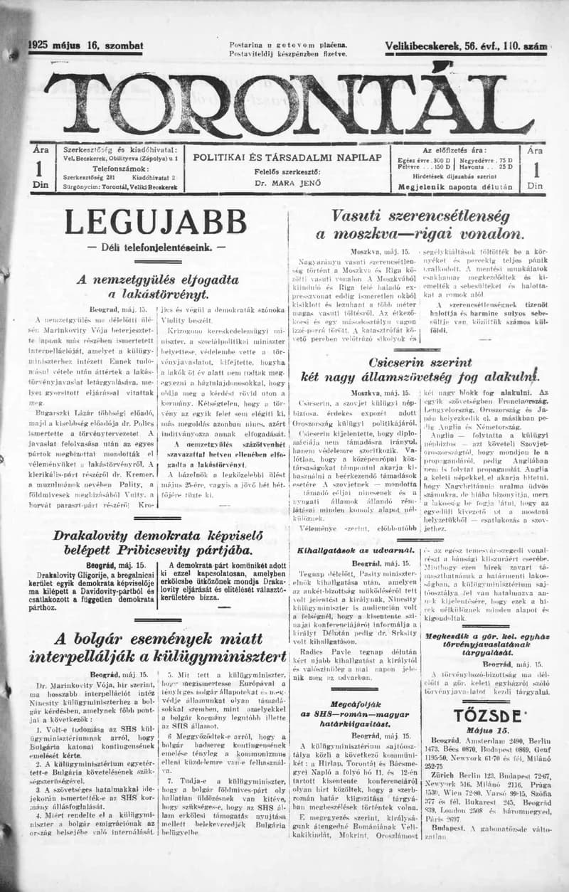 Torontál, 54. évf. 1925. május 16. 110. sz.