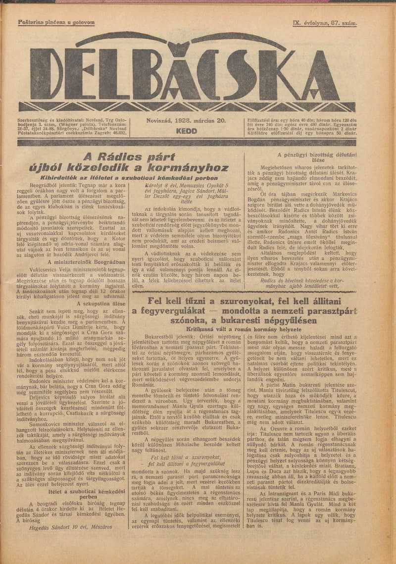 Délbácska, 9. évf. 1928. március 20. 67. sz.