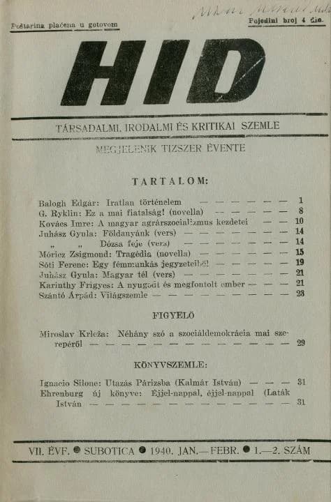 Híd, 7. évf. 1940. január – február. 1–2. sz. 1–32. oldal