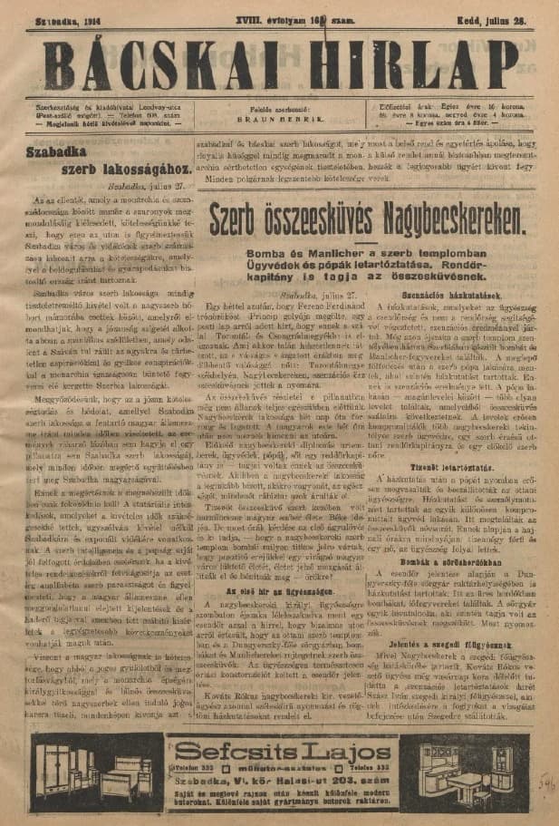 Bácskai Hirlap, 18. évf. 1914. július 28. 169. sz.
