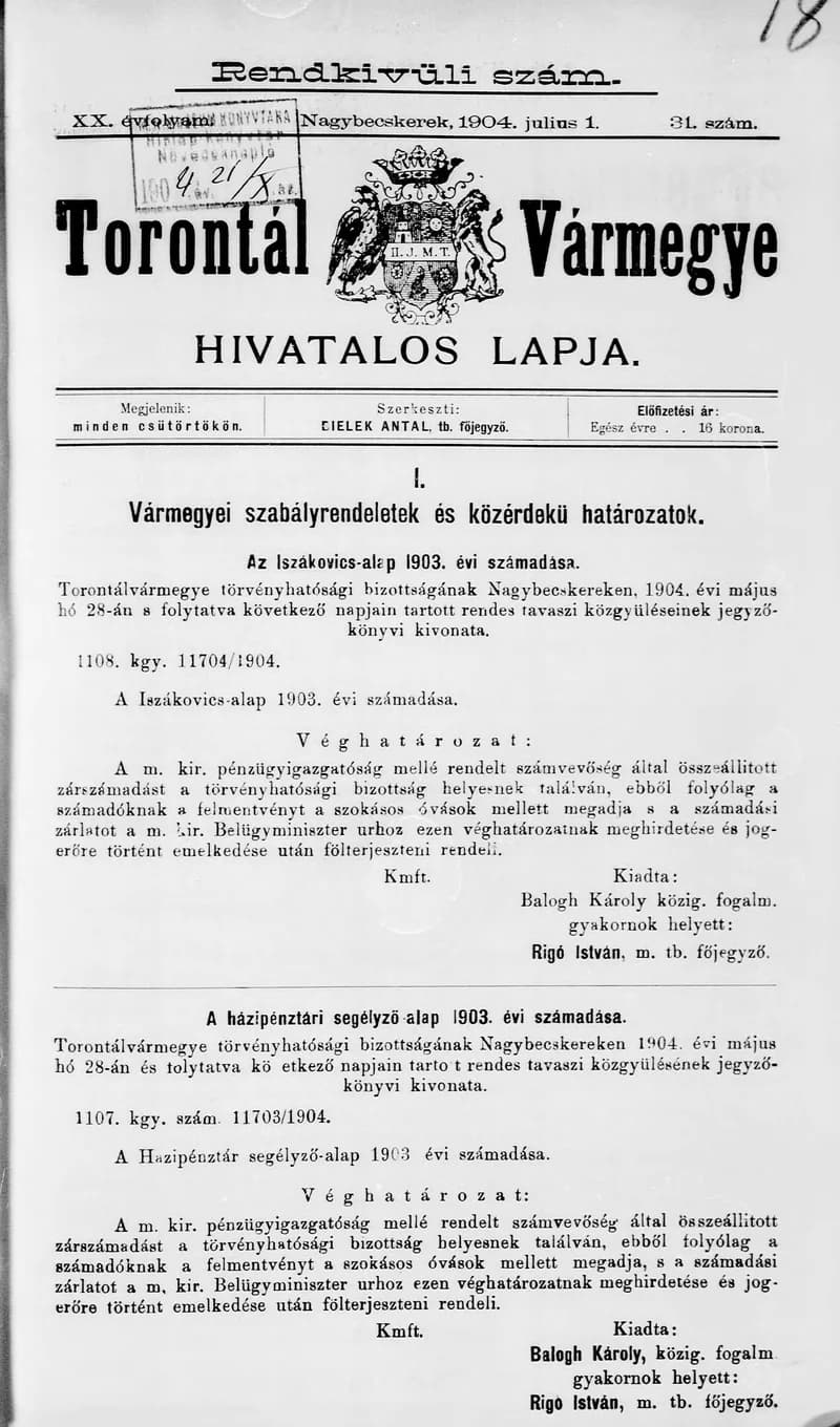 Torontál Vármegye Hivatalos Lapja, 20. évf. 1904. július 1. 31. sz.