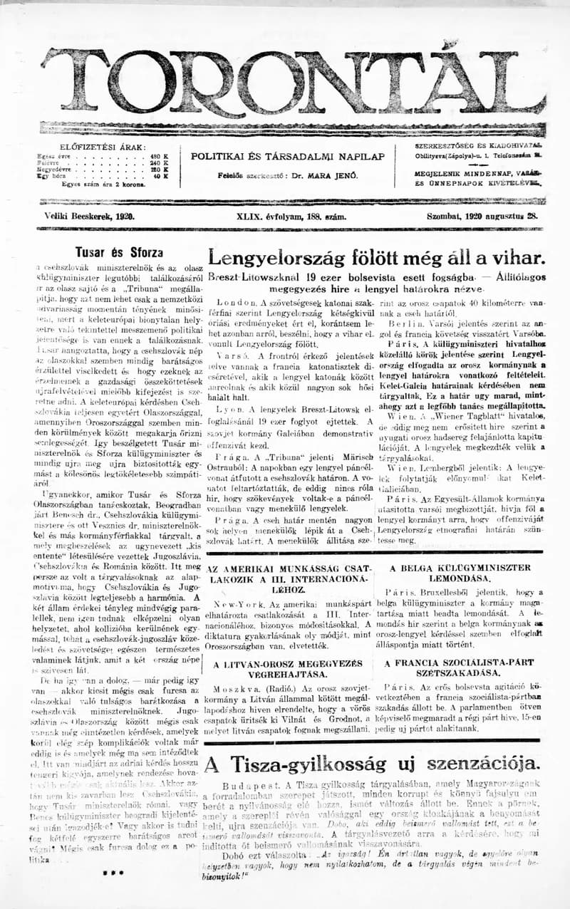 Torontál, 49. évf. 1920. augusztus 28. 188. sz.