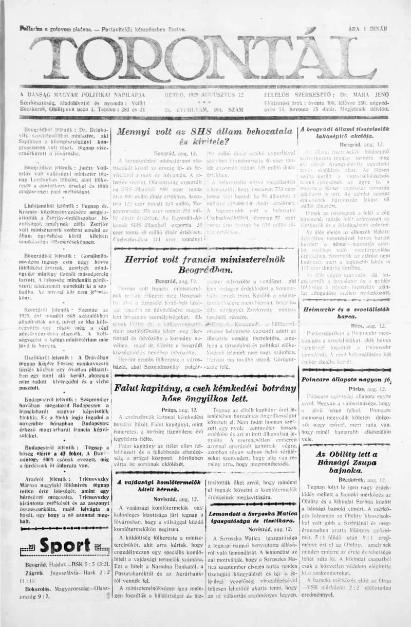 Torontál, 58. évf. 1929. augusztus 12. 184. sz.