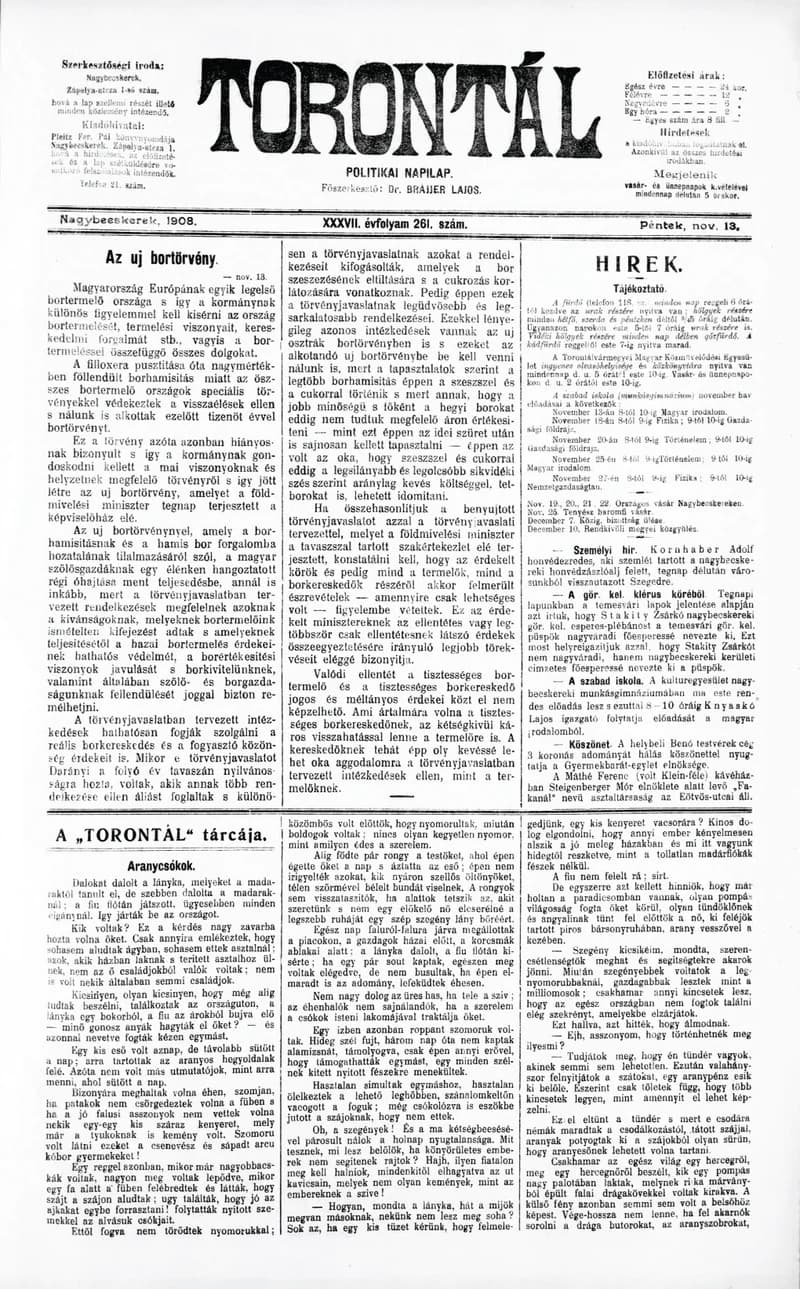 Torontál, 37. évf. 1908. november 13. 261. sz.