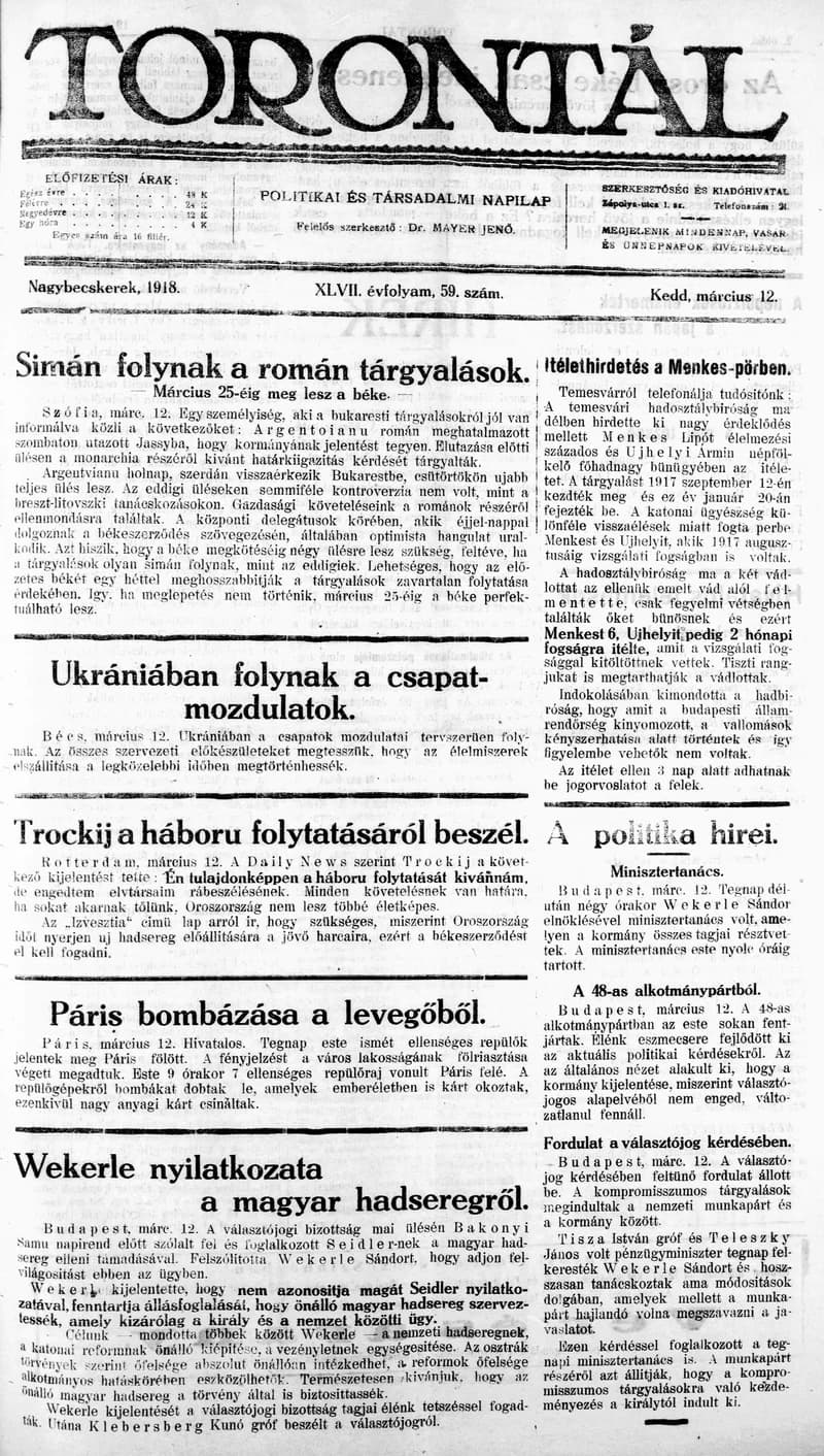 Torontál, 47. évf. 1918. március 12. 59. sz.