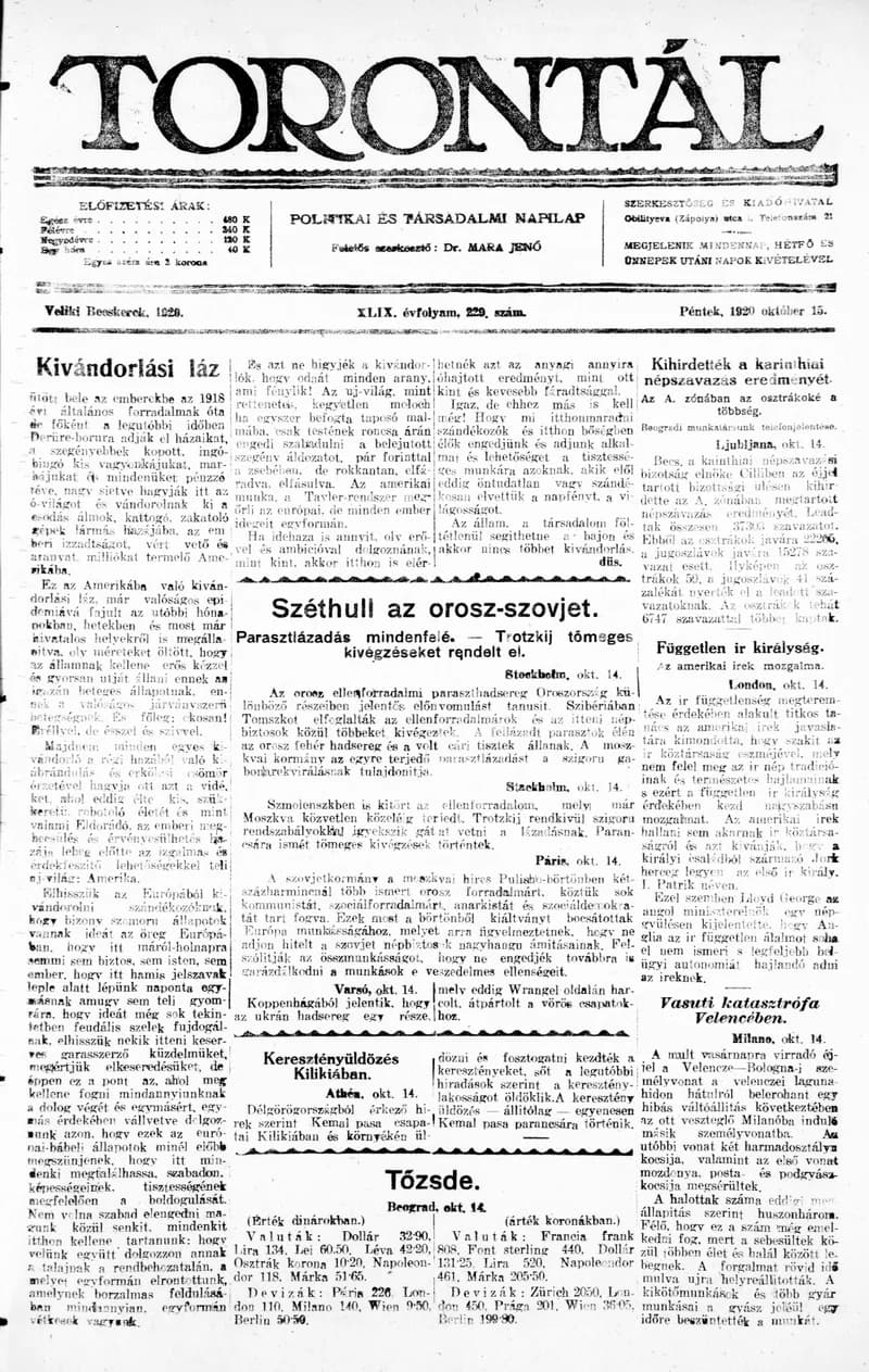 Torontál, 49. évf. 1920. október 15. 229. sz.