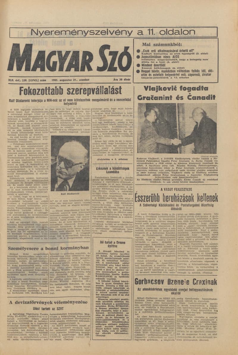 Magyar Szó, 42. évf. 1985. augusztus 31. 239. sz. 1–24. oldal