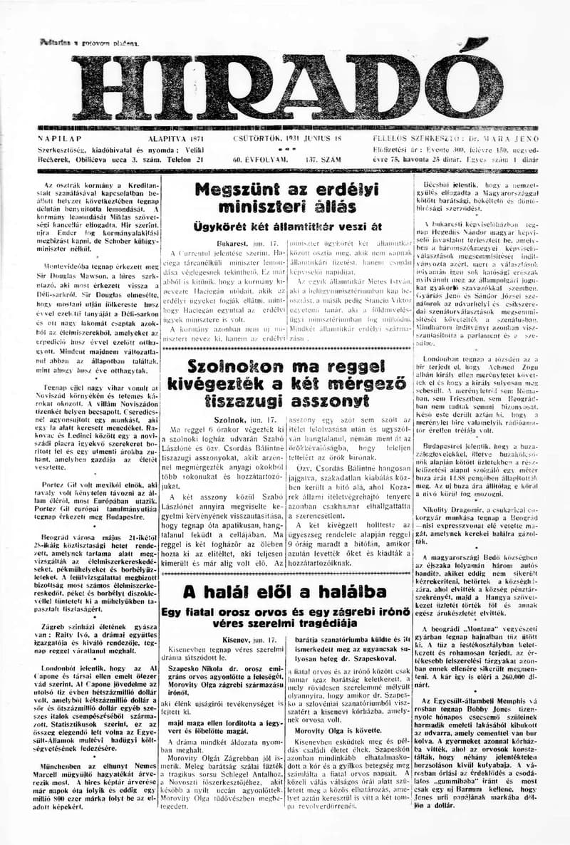 Híradó, 60. évf. 1931. június 18. 137. sz.