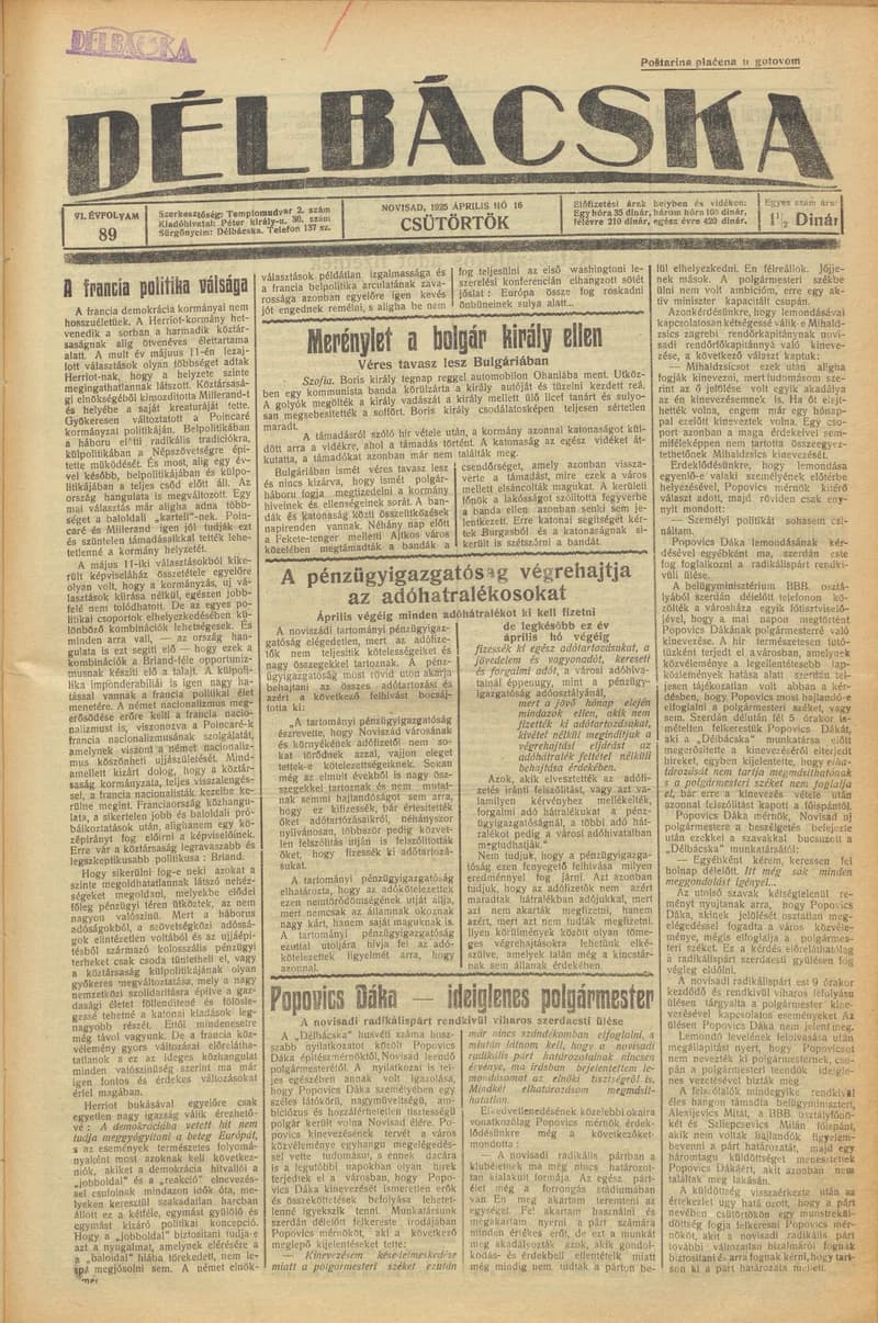 Délbácska, 6. évf. 1925. április 16. 89. sz.