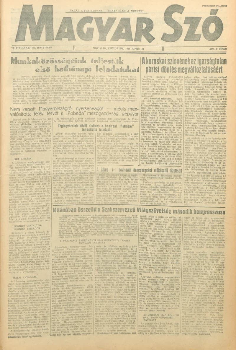 Magyar Szó, 6. évf. 1949. június 30. 153. sz. 1–4. oldal