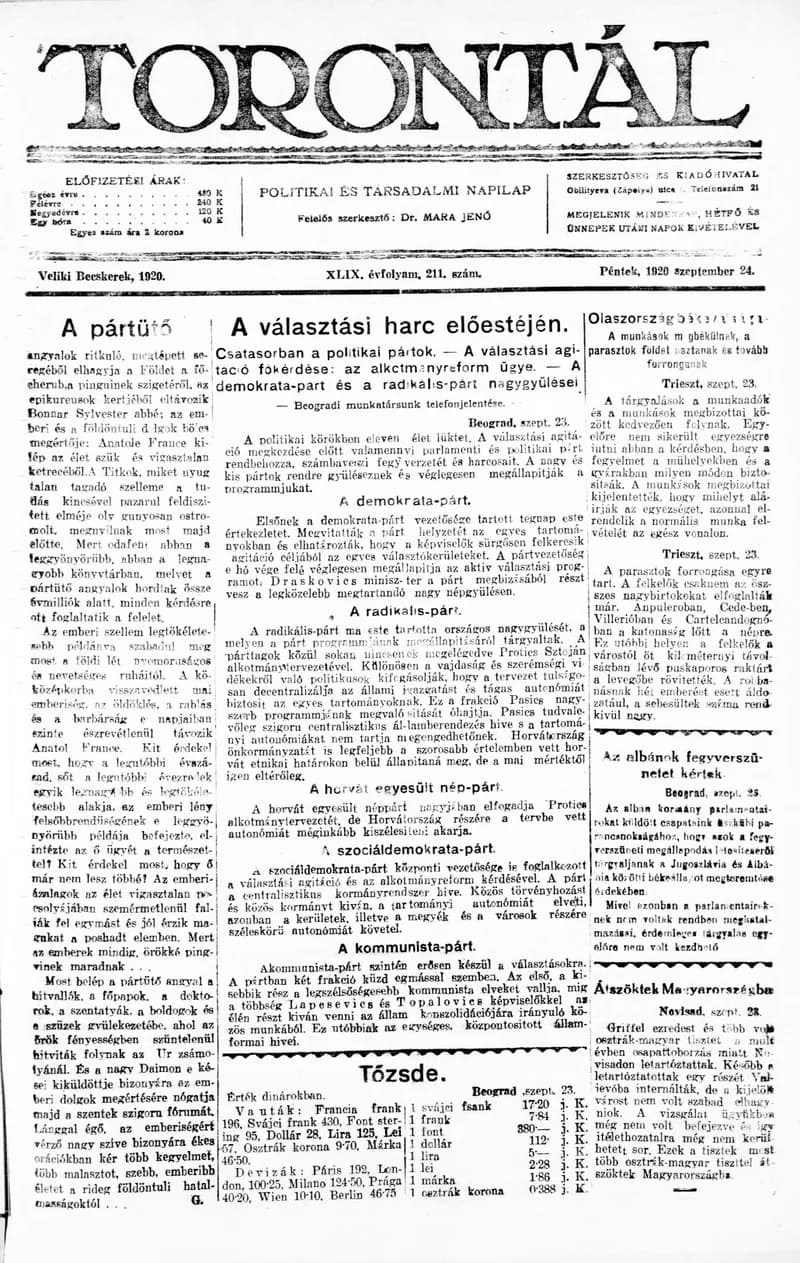 Torontál, 49. évf. 1920. szeptember 24. 211. sz.