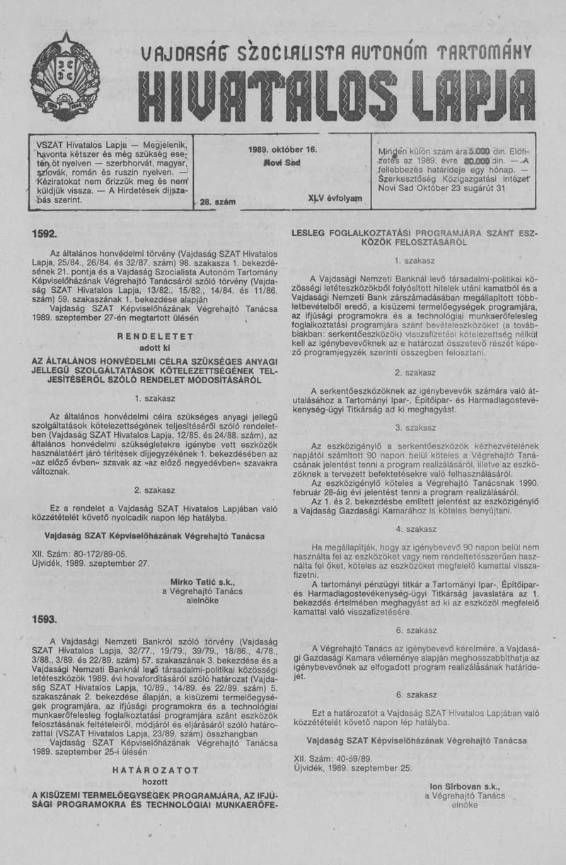 Vajdaság Szocialista Autonóm Tartomány Hivatalos Lapja, 45. évf. 1989. október 16. 28. sz.