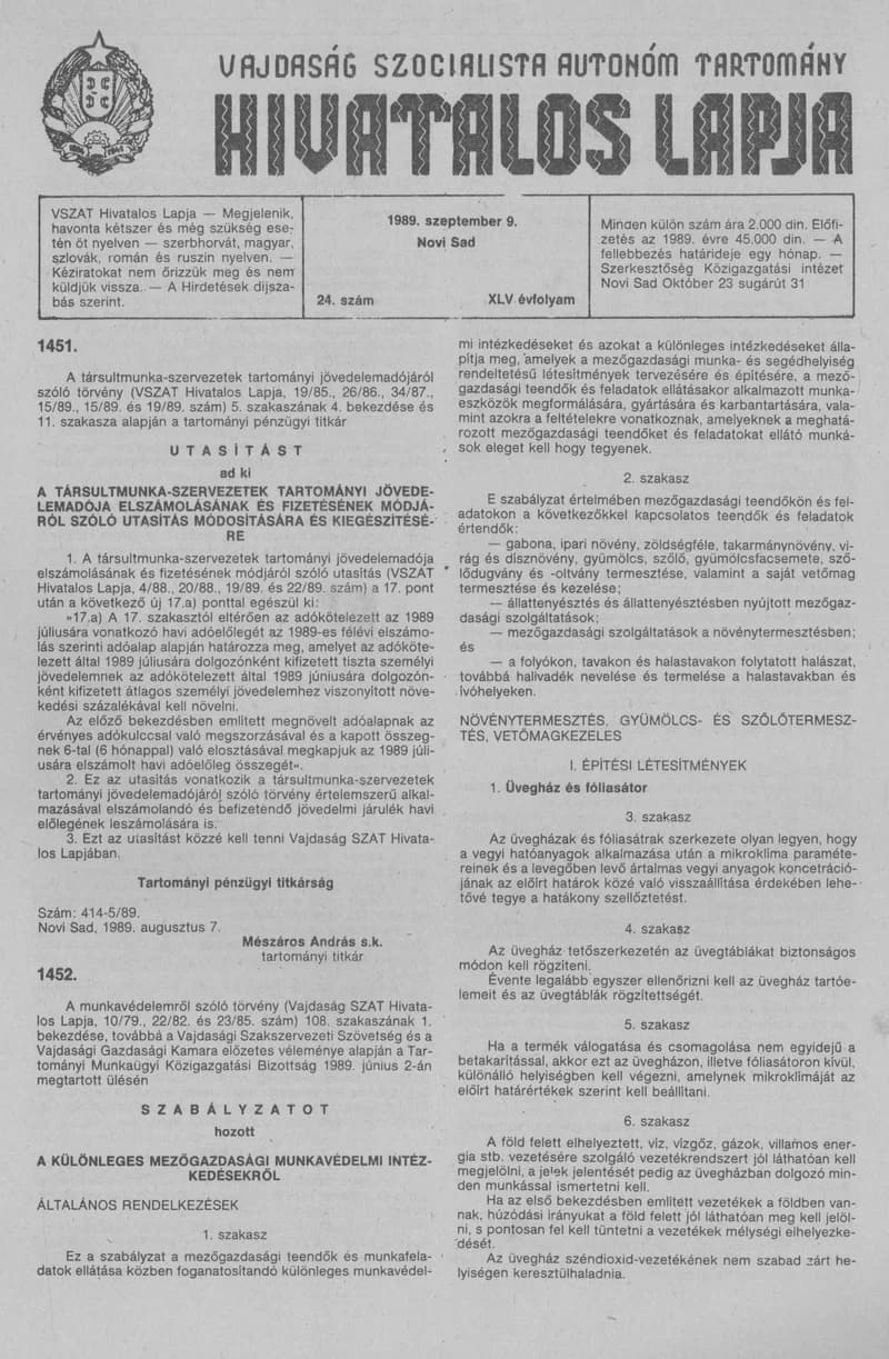 Vajdaság Szocialista Autonóm Tartomány Hivatalos Lapja, 45. évf. 1989. szeptember 9. 24. sz.