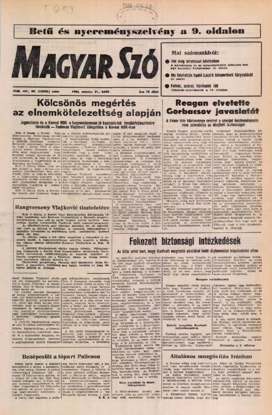 Magyar Szó, 43. évf. 1986. március 31. 88. sz. 1–20. oldal