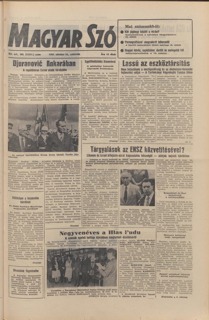 Magyar Szó, 41. évf. 1984. október 18. 288. sz. 1–20. oldal