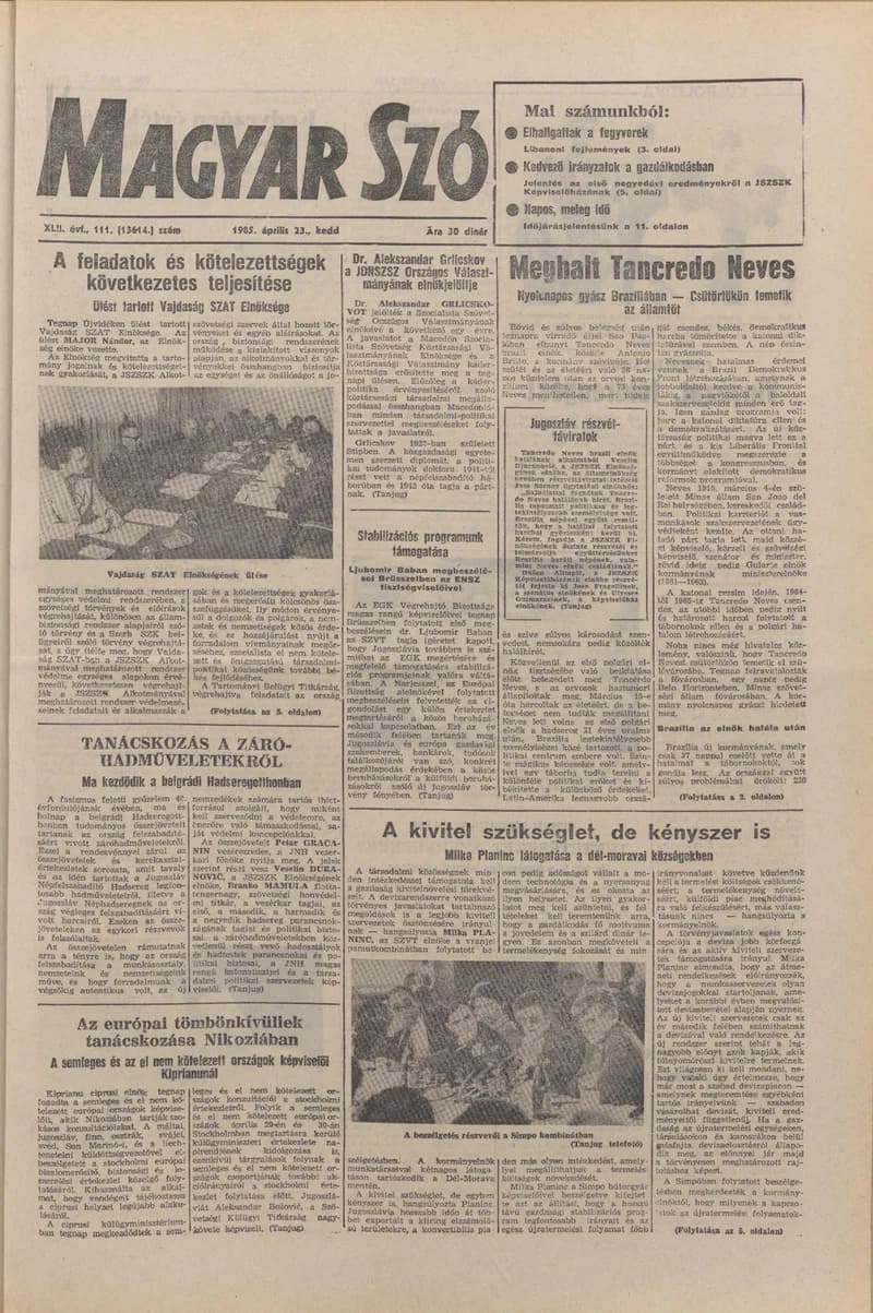Magyar Szó, 42. évf. 1985. április 23. 111. sz. 1–20. oldal