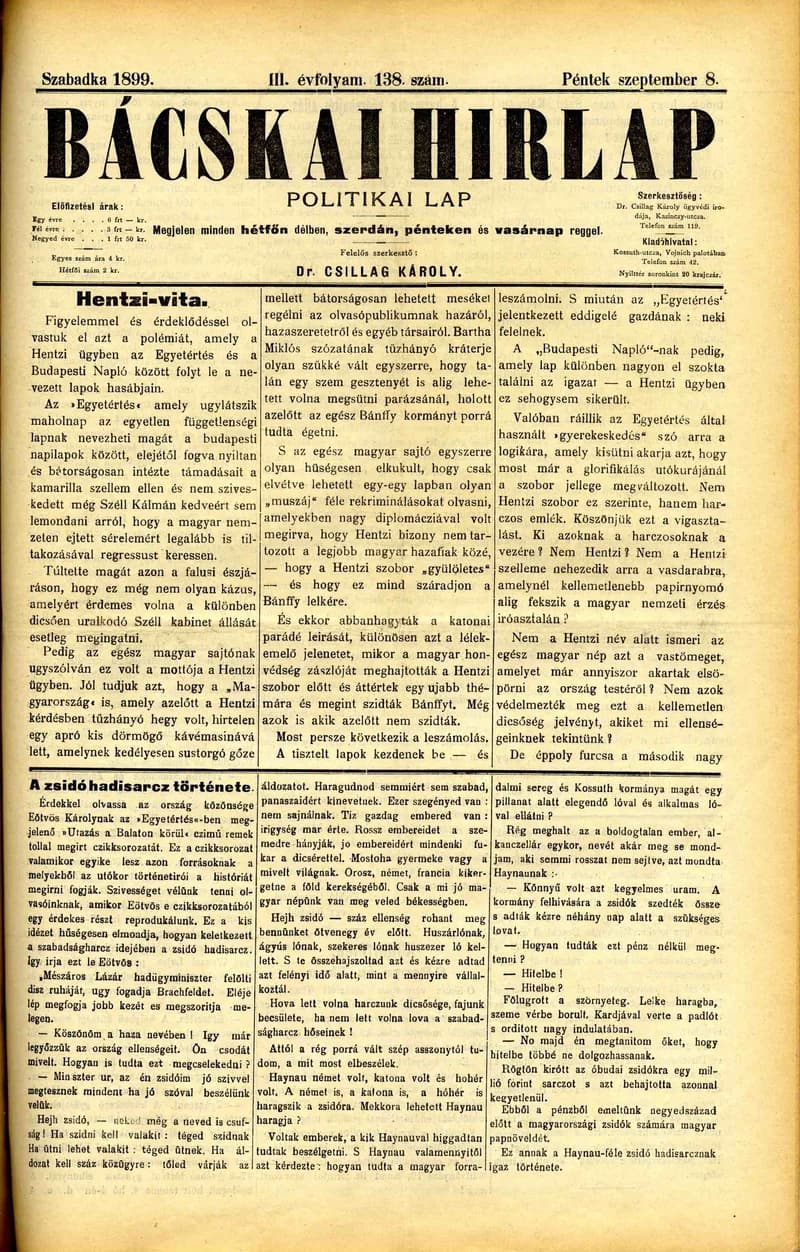 Bácskai Hirlap, 3. évf. 1899. szeptember 8. 138. sz.