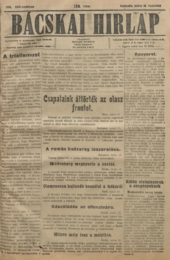 Bácskai Hirlap, 22. évf. 1918. június 16. 136. sz.