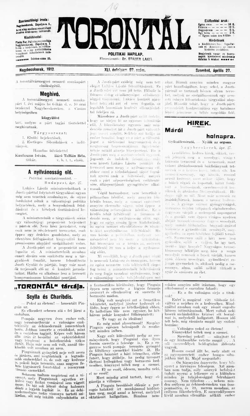 Torontál, 41. évf. 1912. április 27. 97. sz.