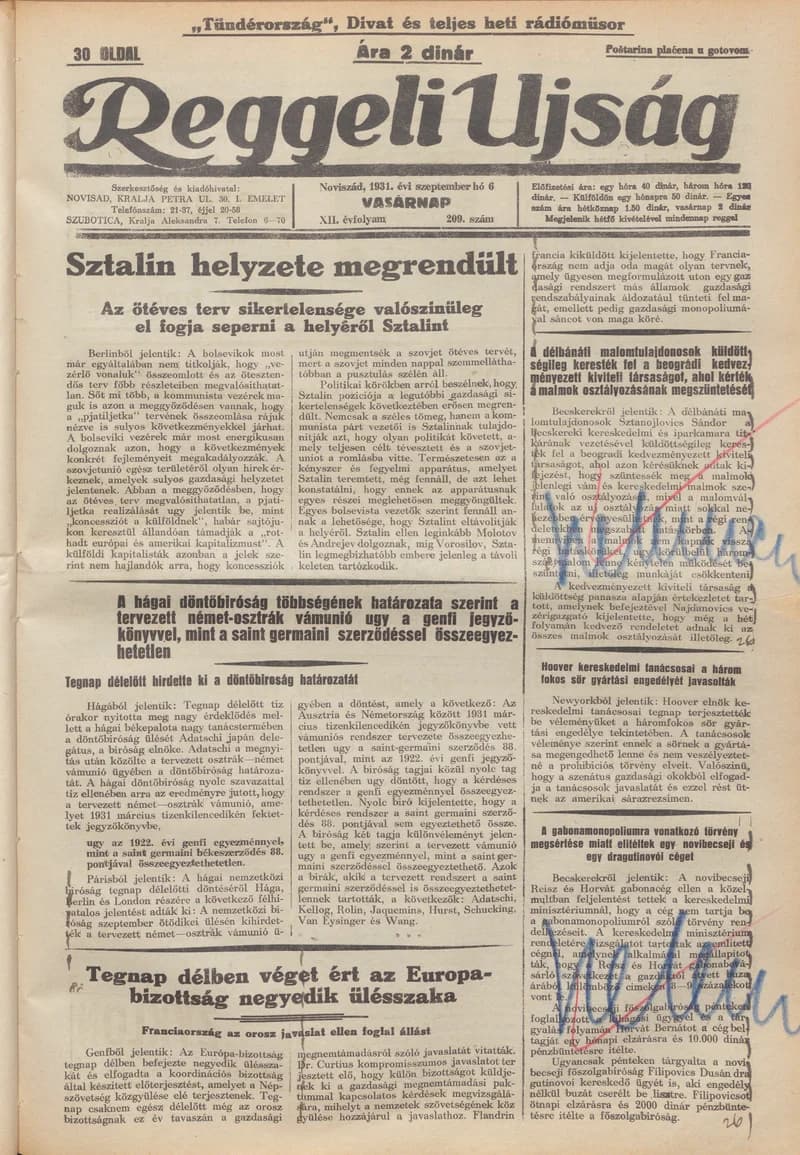 Reggeli Újság, 12. évf. 1931. szeptember 6. 209. sz.