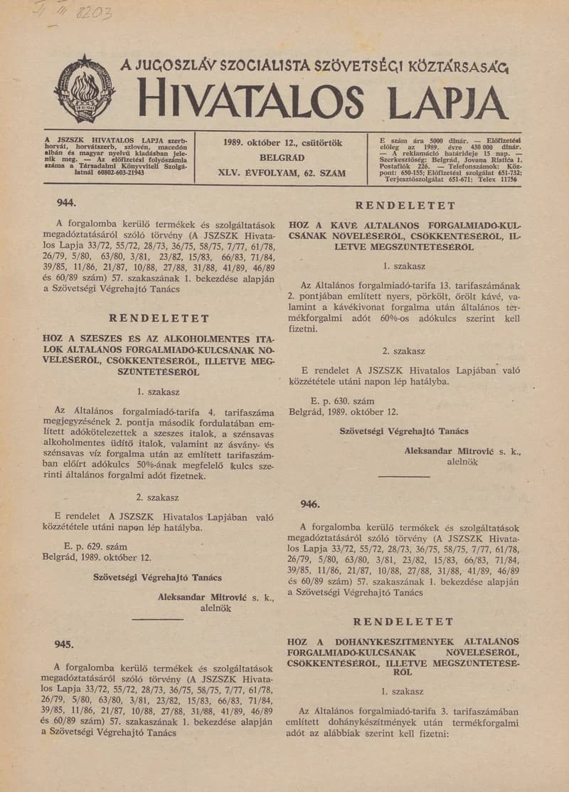 A Jugoszláv Szocialista Szövetségi Köztársaság Hivatalos Lapja, 45. évf. 1989. október 12. 62. sz. 1537–1540. oldal