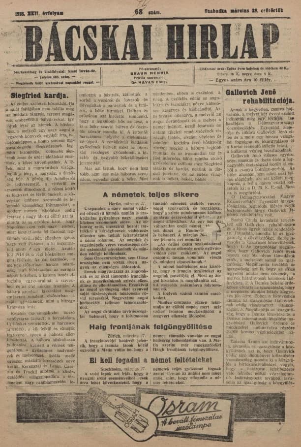 Bácskai Hirlap, 22. évf. 1918. március 28. 72. sz.