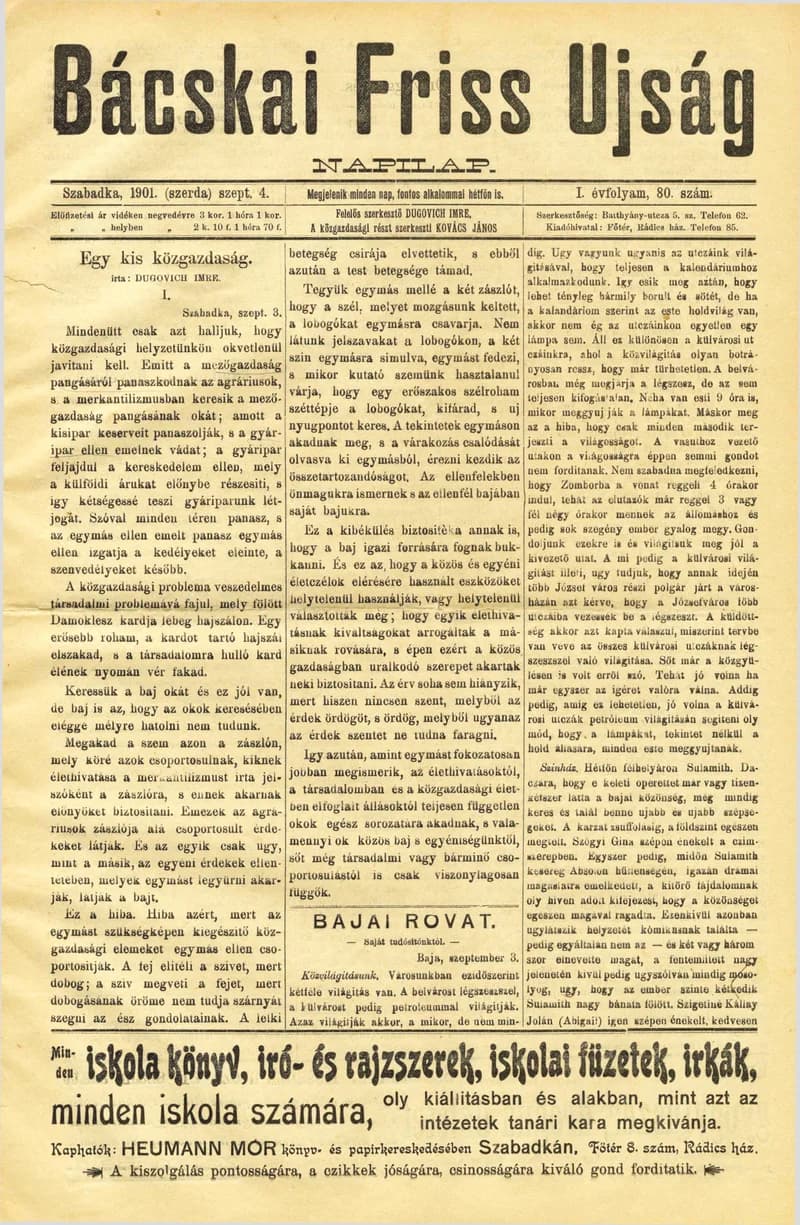 Bácskai Friss Ujság, 1. évf. 1901. szeptember 4. 80. sz.