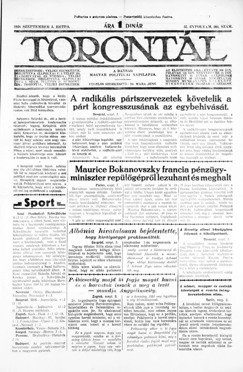 Torontál, 57. évf. 1928. szeptember 3. 203. sz.