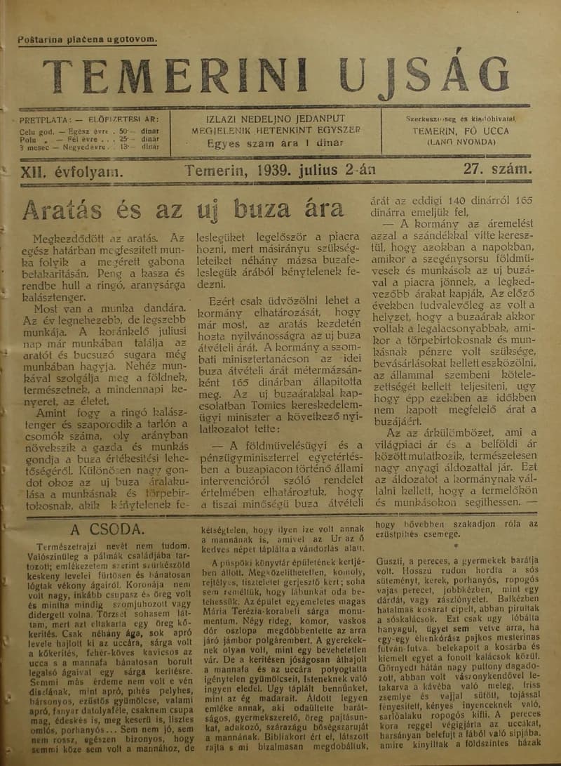 Temerini Újság 1928-1944, 12. évf. 1939. július 2. 27. sz.