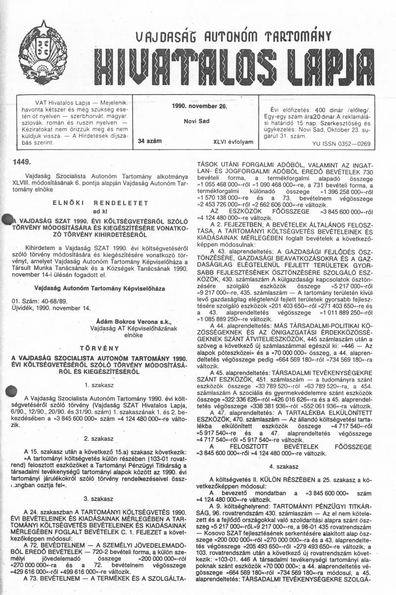 Vajdaság Szocialista Autonóm Tartomány Hivatalos Lapja, 46. évf. 1990. november 26. 34. sz.