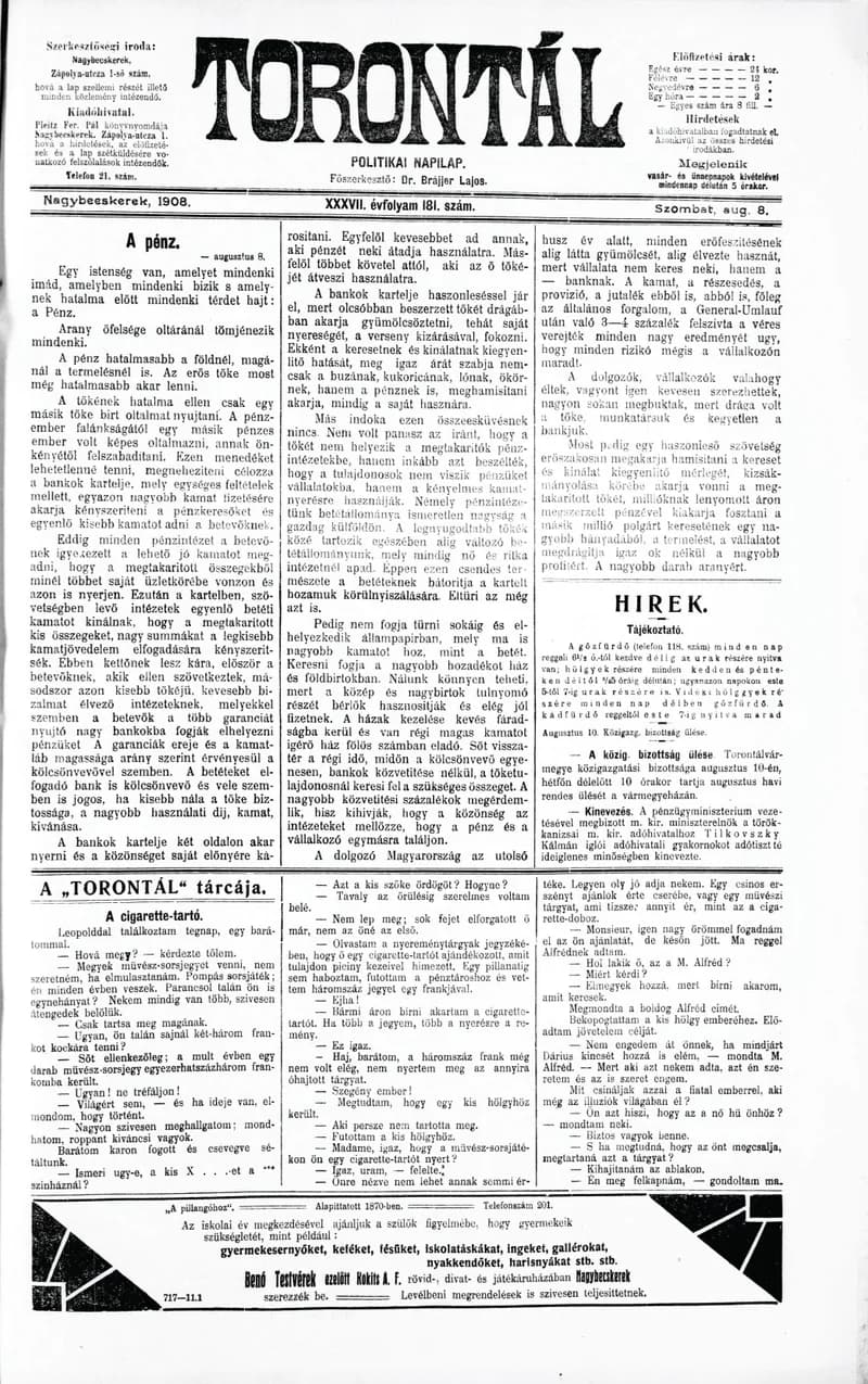 Torontál, 37. évf. 1908. augusztus 8. 181. sz.