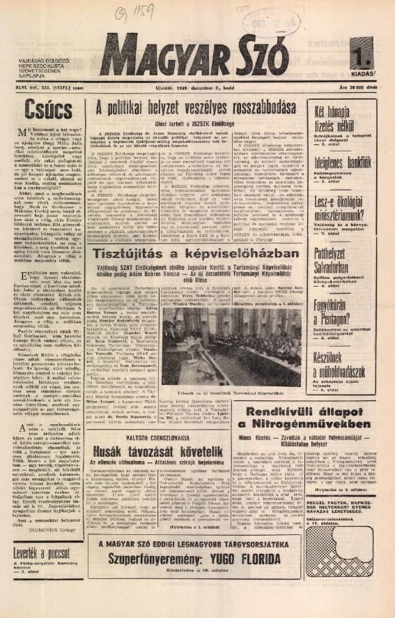 Magyar Szó, 46. évf. 1989. december 5. 332. sz. 1–16. oldal