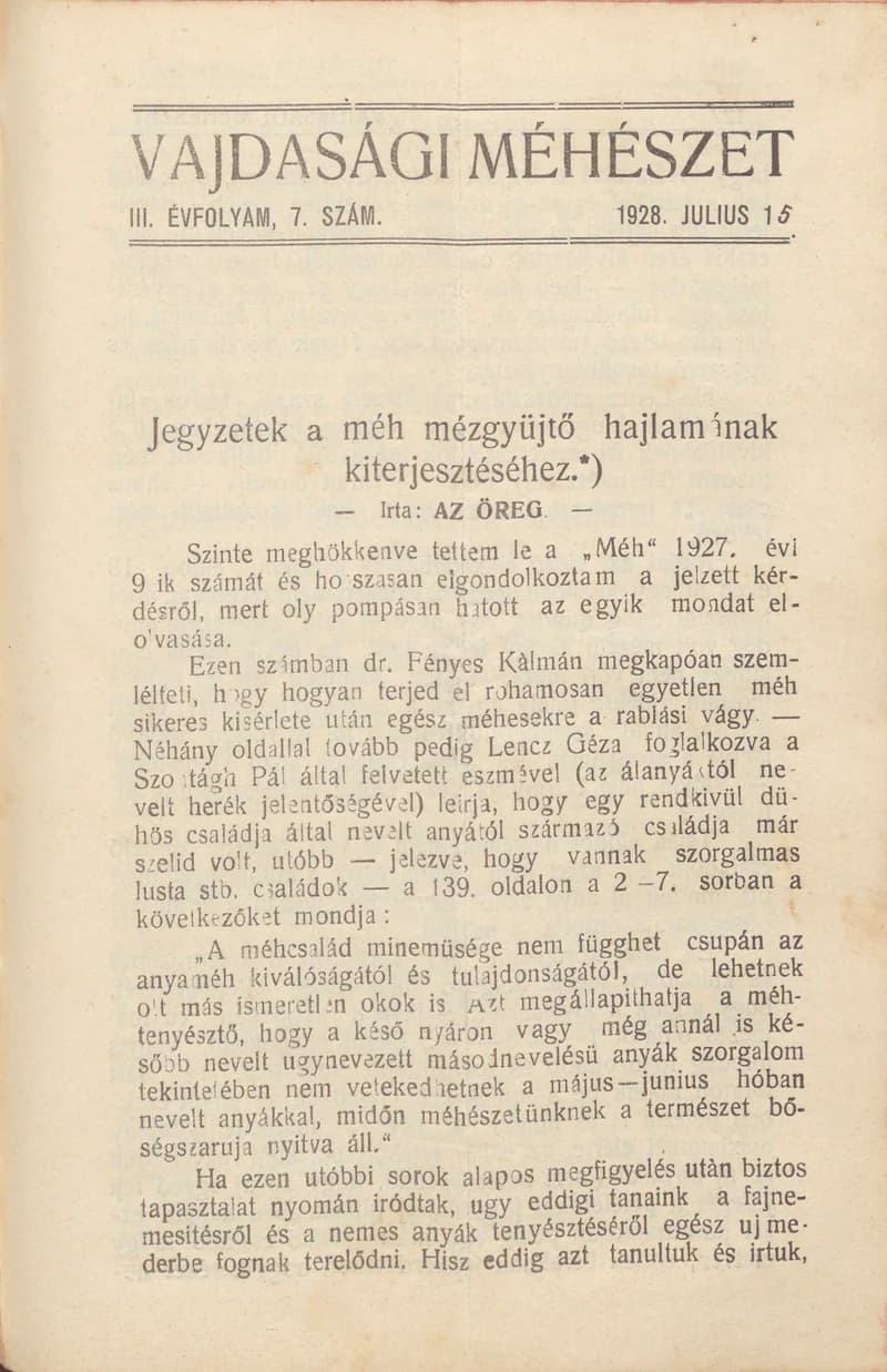 Vajdasági méhészet, 3. évf. 1928. július 15. 7. sz.