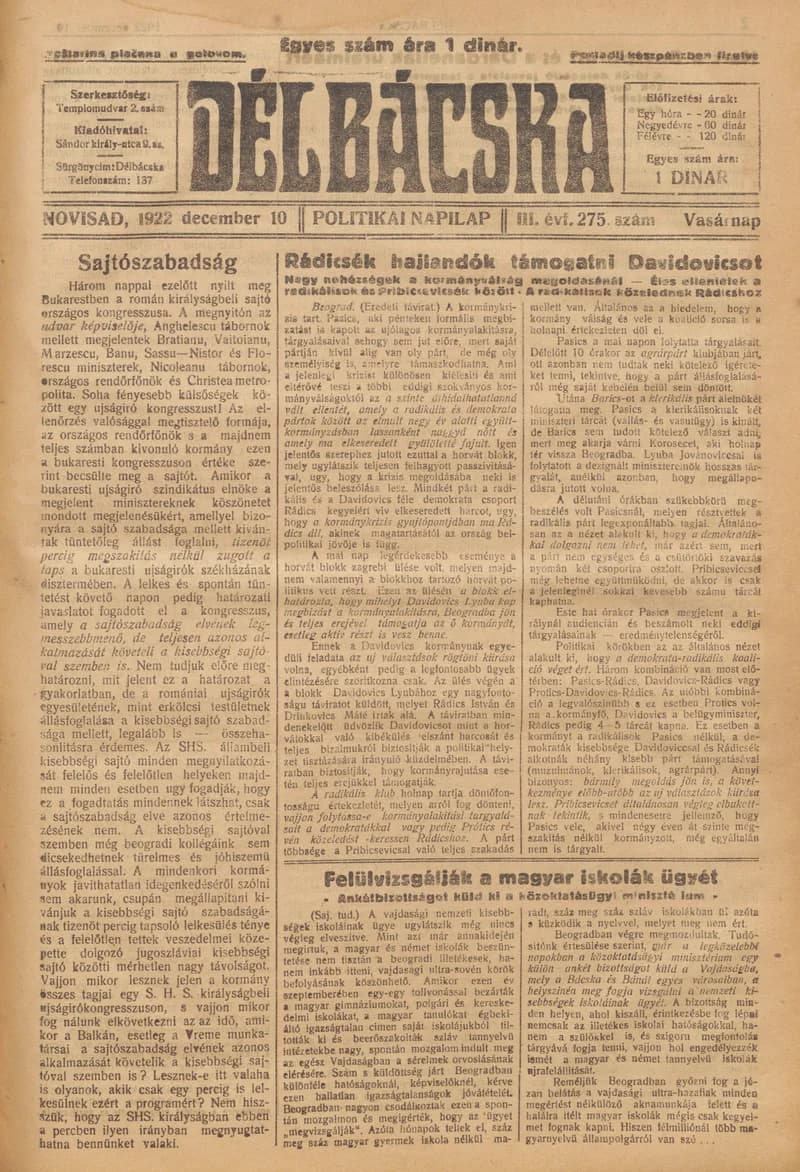 Délbácska, 3. évf. 1922. december 10. 275. sz.