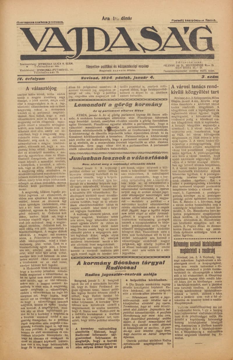 Vajdaság, 4. évf. 1924. január 4. 3. sz.