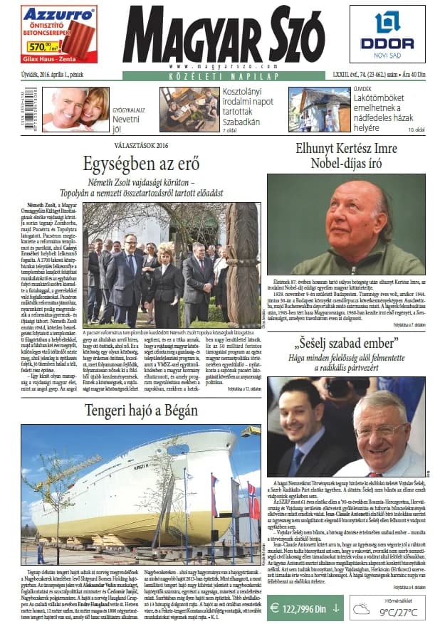 Magyar Szó, 73. évf. 2016. április 1. 74. sz. 1–16. oldal