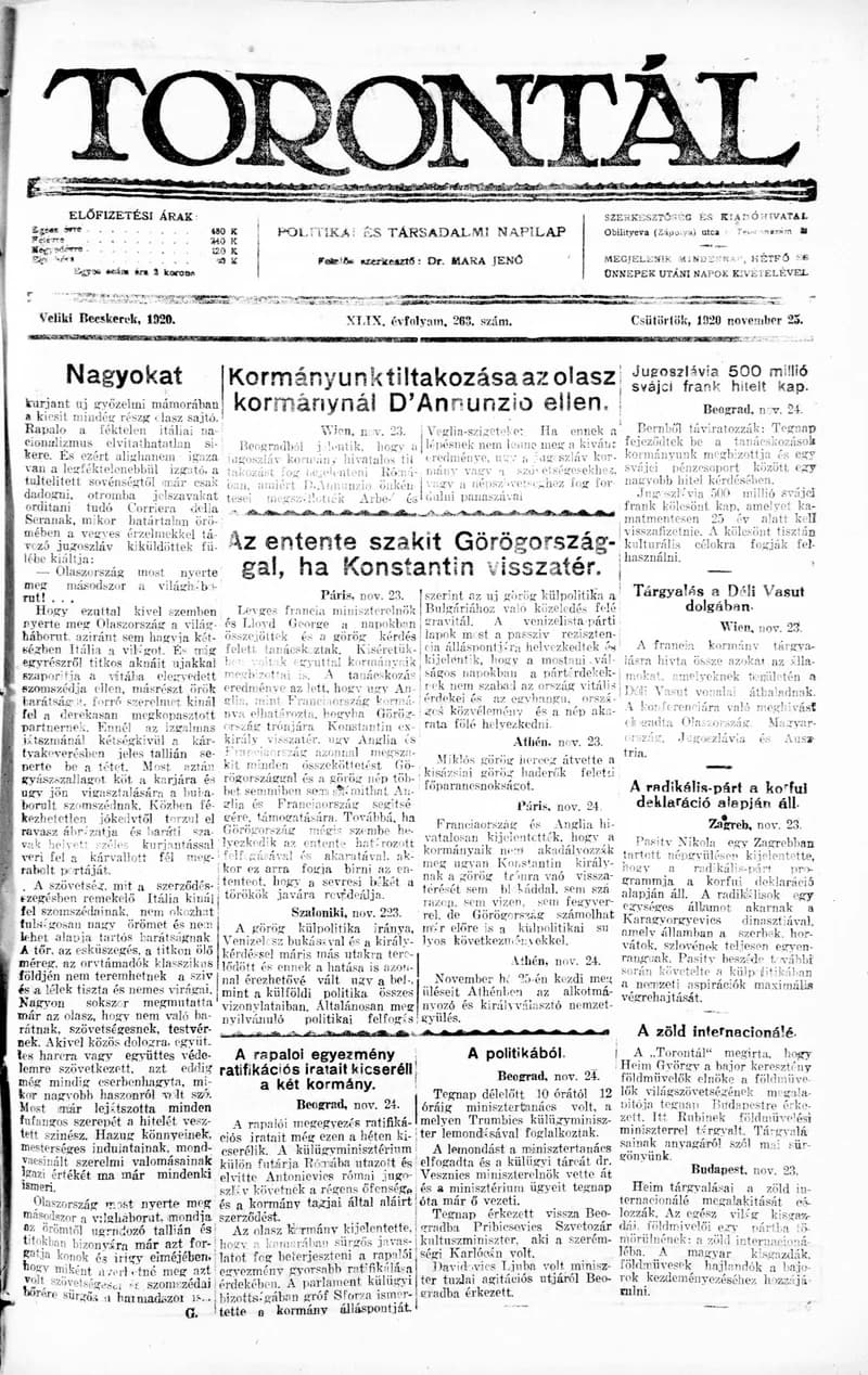 Torontál, 49. évf. 1920. november 25. 263. sz.