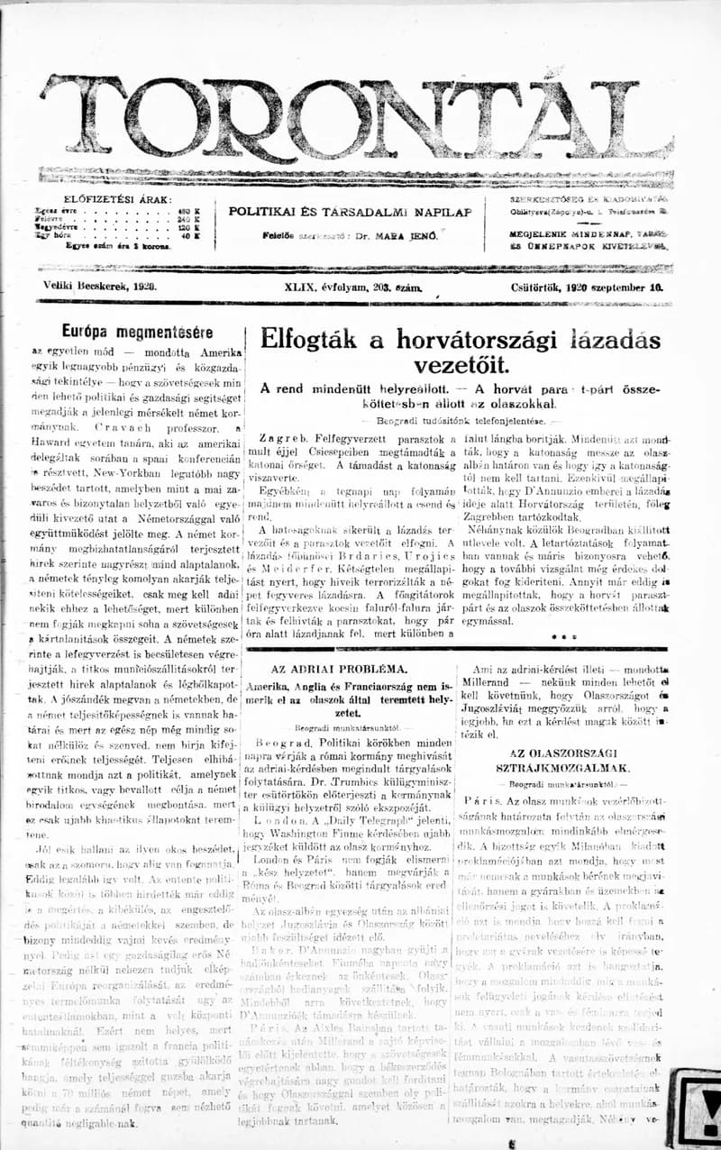 Torontál, 49. évf. 1920. szeptember 16. 203. sz.