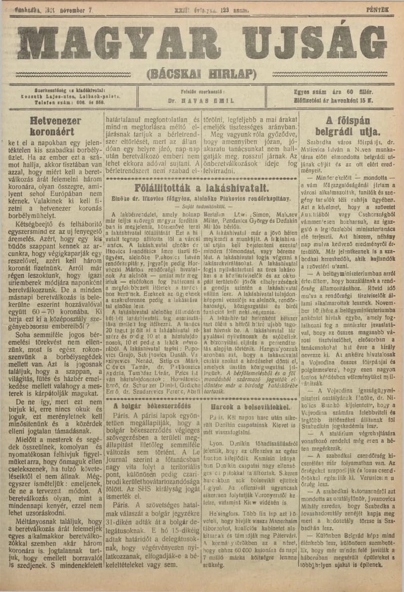 Bácskai Hirlap, 23. évf. 1919. november 7. 123. sz.