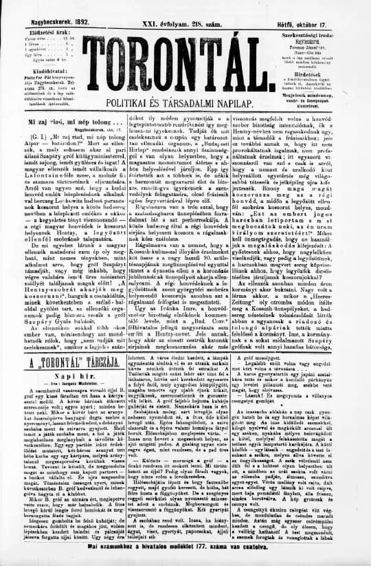 Torontál, 21. évf. 1892. október 17. 218. sz.